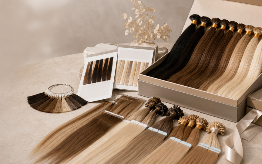 Human hair extension sample kit and colour swatches